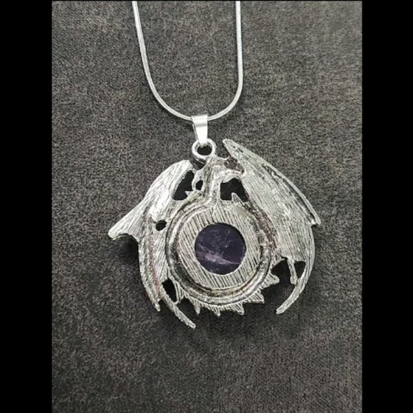 Silver Amethyst Crystal Dragon Necklace - Picture 2 of 2